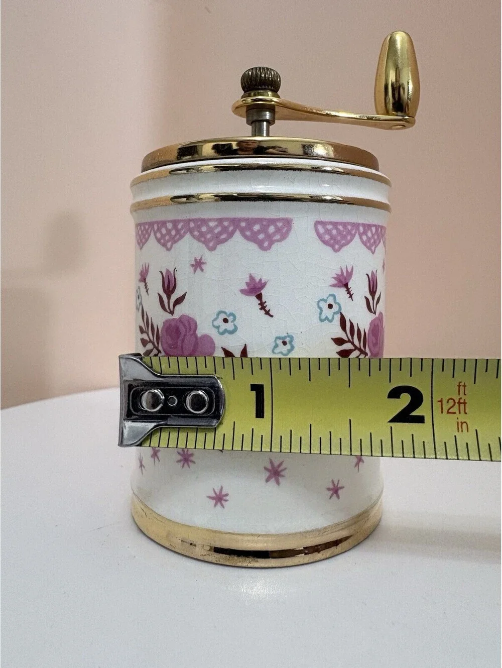 Vintage George S Thompson Ceramic Pepper Grinder Mill Pink Floral Gold Trim